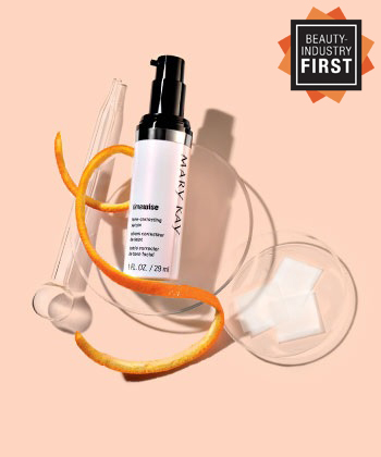 Learn how NEW TimeWise Vitamin C Activating Squares from Mary Kay work by using breakthrough technology to deliver pure vitamin C to your skin in a tiny, dissolvable square that’s mixed with your serum for an age-fighting boost. In just two weeks, skin looks more radiant and even-toned, and fine lines and wrinkles look improved. Image shows a light orange background. In the image are two clear bowls of different sizes. In the larger bowl is the TimeWise Tone Correcting Serum with a thin orange peel twirled by it. In the smaller bowl are several squares of the new TimeWise Vitamin C Activating Squares.