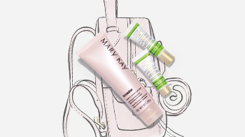 TimeWise Moisture Renewing Gel Mask and Satin Lips Set styled with backpack illustration.