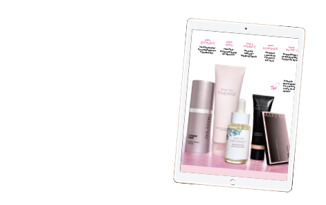 A tablet showing a page from the ecatalog with various skin care products and foundation